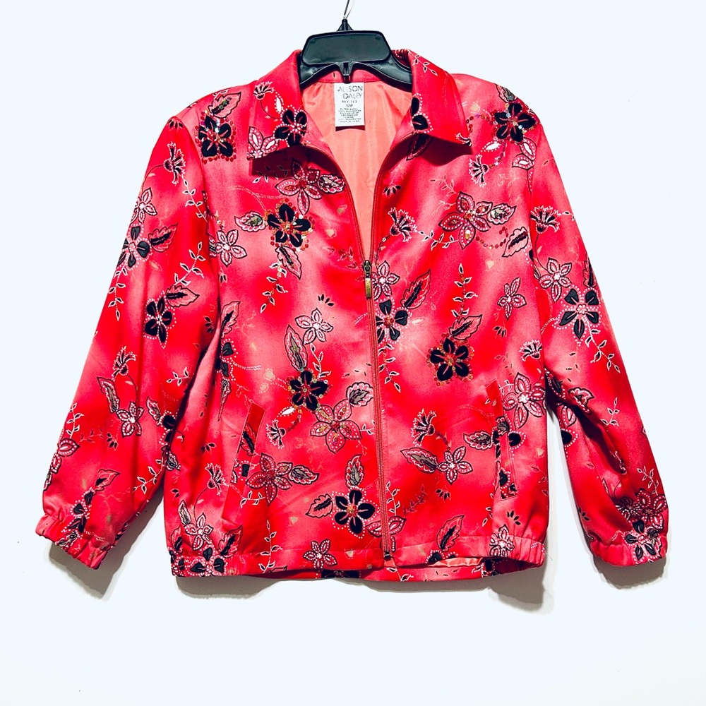 Allison Daley Red and Black Bomber Jacket with Floral Print